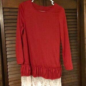 Red jersey top with lace edging. Size small. No brand attached.